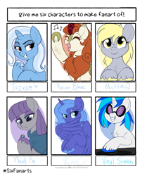 Size: 1101x1314 | Tagged: safe, artist:lulubell, autumn blaze, boulder (g4), derpy hooves, dj pon-3, maud pie, princess luna, trixie, vinyl scratch, alicorn, earth pony, kirin, pegasus, pony, unicorn, g4, chest fluff, eyes closed, grin, happy, lidded eyes, looking at you, music notes, s1 luna, singing, six fanarts, smiling, unshorn fetlocks