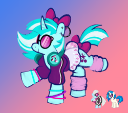 Size: 1280x1129 | Tagged: safe, artist:msponies, dj pon-3, photo finish, vinyl scratch, pony, unicorn, g4, bow, clothes, ear piercing, earring, female, fusion, fusion:dj pon-3, fusion:photo finish, fusion:vinyl scratch, glasses, glow bracelets, gradient background, hair bow, jewelry, mare, piercing, skirt, solo, tail, tail bow