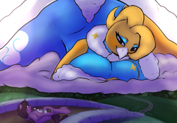 Size: 2151x1500 | Tagged: oc name needed, safe, artist:sketchy knight, oc, oc only, bird, pony, unicorn, anthro, bedroom eyes, butt, camera, clothes, cloud, dress, female, furry, furry oc, giantess, large butt, looking at each other, looking at someone, looking down, looking up, macro, male, on a cloud, on floor, resting, smiling, spread legs, spreading, surprised