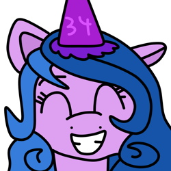 Size: 894x894 | Tagged: safe, artist:jadeharmony, izzy moonbow, pony, unicorn, g5, birthday, cute, female, grin, hat, izzybetes, kimiko glenn, mare, party hat, simple background, smiling, solo, transparent background