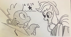 Size: 2791x1469 | Tagged: safe, artist:mlpfantealmintmoonrise, applejack, spike, a dog and pony show, g4, atg 2023, daydream, fishing rod, lips, newbie artist training grounds, partial background, pen drawing, pencil drawing, signature, smiling, traditional art