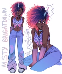Size: 1821x2160 | Tagged: safe, artist:peachmichea, misty brightdawn, human, g5, afro, alternate hairstyle, bare shoulders, belly button, choker, clothes, converse, cornrows, cute, dark skin, denim, ear piercing, earring, evening gloves, eyeshadow, female, fingerless elbow gloves, fingerless gloves, freckles, gloves, heart, horn, horned humanization, humanized, jeans, jewelry, long gloves, makeup, mistybetes, necklace, pants, piercing, rebirth misty, shoes, short shirt, simple background, solo, white background