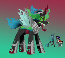 Size: 1700x1500 | Tagged: safe, artist:msponies, changeling, changeling queen, changepony, hybrid, pony, unicorn, g4, armor, forked tongue, four eyes, fusion, fusion:king sombra, fusion:queen chrysalis, gradient background, hybrid fusion, insect wings, solo, wings