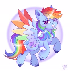 Size: 2129x2164 | Tagged: safe, artist:galaxy swirl, rainbow dash, pegasus, pony, g4, colored wings, colored wingtips, female, grin, high res, mare, multicolored wings, simple background, smiling, solo, spread wings, unshorn fetlocks, white background, wings