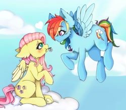 Size: 2350x2048 | Tagged: safe, artist:kittygutzzart, fluttershy, rainbow dash, pegasus, pony, g4, blushing, chest fluff, cloud, colored eyebrows, duo, duo female, eye contact, eyebrows, eyebrows visible through hair, female, floppy ears, flower, flower in mouth, flying, heart, heart eyes, high res, lesbian, looking at each other, looking at someone, mare, mouth hold, on a cloud, raised hoof, ship:flutterdash, shipping, sitting, sitting on a cloud, sky, smiling, spread wings, underhoof, wingding eyes, wings