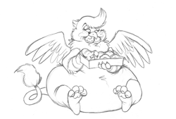 Size: 1945x1314 | Tagged: safe, artist:tallowandsoot, oc, oc only, oc:macchiato (griffon), griffon, adorafatty, belly, big belly, cute, donut, eating, fat, female, food, griffon oc, pastries, paw pads, paws, simple background, solo, spread wings, stuffed, stuffed belly, white background, wings
