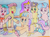 Size: 2025x1494 | Tagged: safe, artist:bitter sweetness, dahlia, izzy moonbow, pipp petals, sunny starscout, oc, earth pony, pegasus, pony, unicorn, g5, my bananas, my little pony: tell your tale, spoiler:g5, spoiler:my little pony: tell your tale, abdl, banana, banana peel, big eyes, blue eyes, blue sky, clothes, colored background, diaper, diaper fetish, falling, female, fetish, food, fruit, glass, green eyes, gritted teeth, helmet, karma, mocking, non-baby in diaper, open mouth, pink eyes, point, roller skates, skates, slip, socks, street, striped socks, teeth, traditional art