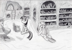 Size: 900x623 | Tagged: safe, artist:septilsix, rainbow dash, twilight sparkle, pegasus, pony, unicorn, g4, book, female, golden oaks library, mare, reading, traditional art, unicorn twilight