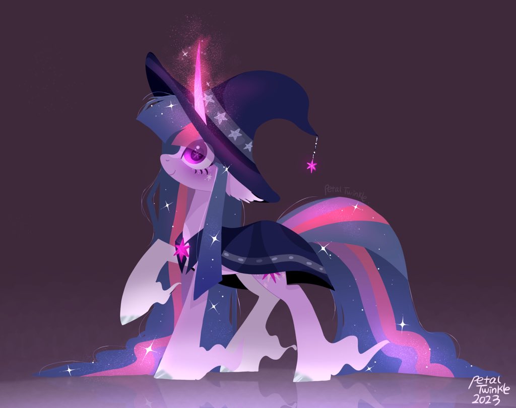 [female,glowing,glowing horn,hat,horn,mare,pony,raised hoof,safe,solo,sparkles,twilight sparkle,unicorn,unshorn fetlocks,witch,witch hat,lineless,eye clipping through hair,smiling,unicorn twilight,artist:petaltwinkle]