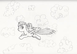 Size: 900x629 | Tagged: safe, artist:septilsix, rainbow dash, scootaloo, pegasus, pony, g4, cloud, female, filly, flying, foal, mare, scootalove, siblings, sisters, sky, traditional art