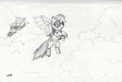 Size: 900x609 | Tagged: safe, artist:septilsix, rainbow dash, pegasus, pony, g4, airship, female, flying, mare, solo, traditional art
