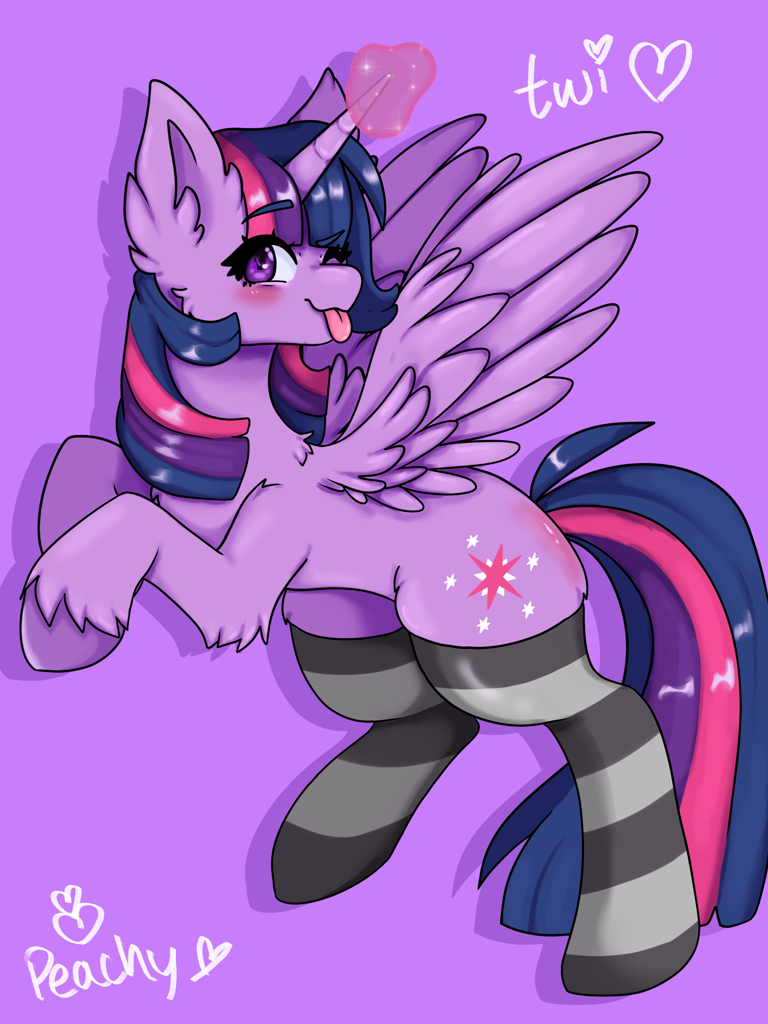 [:p,alicorn,blushing,clothes,cute,female,glowing,glowing horn,horn,looking at you,mare,pony,rearing,safe,signature,simple background,socks,solo,twilight sparkle,wings,wink,tongue out,one eye closed,twiabetes,striped socks,spread wings,purple background,twilight sparkle (alicorn),winking at you,artist:kittygutzzart]