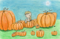 Size: 900x583 | Tagged: safe, artist:septilsix, derpy hooves, pegasus, pony, g4, female, mare, pumpkin, traditional art