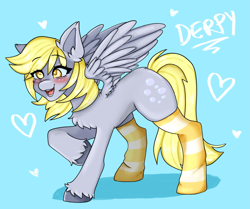 Size: 1941x1620 | Tagged: safe, artist:kittygutzzart, derpy hooves, pegasus, pony, g4, blue background, blushing, clothes, cute, derp, derpabetes, female, heart, mare, open mouth, open smile, simple background, smiling, socks, solo, striped socks
