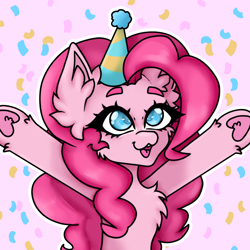 Size: 2048x2048 | Tagged: safe, artist:kittygutzzart, pinkie pie, earth pony, pony, g4, bushy brows, chest fluff, confetti, cute, diapinkes, female, hat, high res, mare, open mouth, open smile, outstretched arms, party hat, pink background, simple background, smiling, solo, underhoof