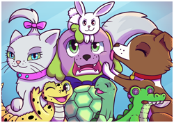 Size: 3508x2480 | Tagged: safe, artist:morrigun, derpibooru exclusive, angel bunny, gummy, opalescence, ray, spike, spike the regular dog, tank, winona, cat, dog, gecko, leopard gecko, rabbit, tortoise, equestria girls 10th anniversary, equestria girls, g4, my little pony equestria girls: summertime shorts, pet project, animal, bow, bowtie, closed mouth, collar, dog collar, eyes closed, eyes open, face licking, group photo, high res, jewelry, knife, licking, looking at each other, looking at someone, looking at you, one eye closed, open mouth, plushie, posing for photo, signature, tongue out, waving, wink, winking at you