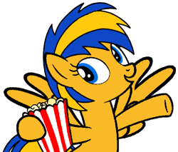 Size: 486x414 | Tagged: safe, artist:noi kincade, oc, oc only, oc:flare spark, pegasus, pony, g4, bucket, female, food, happy, popcorn, simple background, transparent background