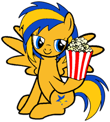 Size: 564x623 | Tagged: safe, artist:noi kincade, oc, oc only, oc:flare spark, pegasus, pony, g4, bucket, female, food, popcorn, simple background, sitting, solo, transparent background