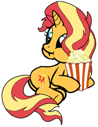 Size: 482x622 | Tagged: safe, artist:noi kincade, sunset shimmer, pony, unicorn, g4, bucket, eating, female, food, herbivore, popcorn, simple background, solo, transparent background