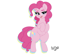 Size: 3644x2731 | Tagged: safe, artist:datzigga, derpibooru exclusive, pinkie pie, earth pony, pony, g4, belly, bipedal, female, high res, mare, open mouth, open smile, plump, rearing, simple background, smiling, solo, white background