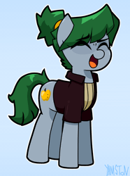 Size: 956x1286 | Tagged: safe, artist:yamston, oc, oc only, oc:odia bleak, earth pony, pony, fanfic:living the dream, 2023, animated, clothes, eye twitch, eyes closed, fanfic art, female, gif, gray coat, green mane, jacket, magical lesbian spawn, mare, offspring, parent:oc:babel yarn, parent:oc:roxxy bleak, ponytail, signature, simple background, smiling, solo