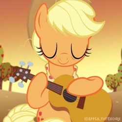 Size: 1080x1080 | Tagged: safe, applejack, earth pony, pony, g4, apple, apple tree, dexterous hooves, eyes closed, female, guitar, hoof hold, mare, musical instrument, older, older applejack, smiling, solo, sunset, sweet apple acres, tree