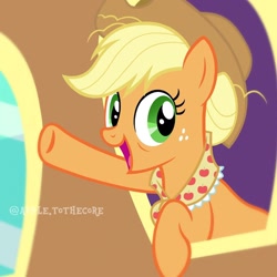 Size: 1080x1080 | Tagged: safe, applejack, earth pony, pony, g4, clothes, female, granny smith's shawl, mare, older, older applejack, open mouth, open smile, scarf, smiling, solo, waving