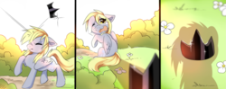 Size: 2863x1138 | Tagged: safe, artist:kidaoriginal, derpy hooves, pegasus, pony, comic:derpy - the creator of dreams, g4, comic, crown, crying, flower, grass, hitting, jewelry, regalia, shadow, sitting, smack, solo, tears of pain, teary eyes