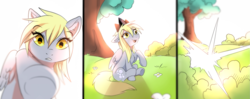 Size: 2863x1138 | Tagged: safe, artist:kidaoriginal, derpy hooves, pegasus, pony, comic:derpy - the creator of dreams, g4, comic, crown, flower, grass, happy, jewelry, looking at something, looking down, magic, open mouth, open smile, reaching, regalia, sitting, smiling, solo, teleportation, tree, underhoof, vibe check