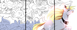 Size: 2863x1138 | Tagged: safe, artist:kidaoriginal, derpy hooves, alicorn, pony, comic:derpy - the creator of dreams, g4, abstract, abstract art, alicornified, clothes, comic, crown, derpicorn, jewelry, lidded eyes, magic, modern art, necklace, open mouth, open smile, race swap, regalia, running, smiling