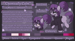 Size: 3606x2008 | Tagged: safe, artist:nomipolitan, oc, oc:chemically calm, pony, unicorn, adult blank flank, blank flank, bushy brows, clothes, drug use, drugs, female, glasses, high res, horn, mare, ponytail, reference sheet, round glasses, smug smile, sweater, turtleneck, two toned mane, unicorn oc