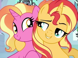 Size: 1080x810 | Tagged: artist needed, source needed, safe, luster dawn, sunset shimmer, pony, unicorn, g4, duo, female, grin, lidded eyes, looking at each other, looking at someone, mare, smiling, smiling at each other