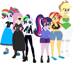 Size: 843x733 | Tagged: safe, artist:sturk-fontaine, applejack, fluttershy, rainbow dash, rarity, sci-twi, sunset shimmer, twilight sparkle, cyborg, human, equestria girls, g4, 1950s rainbow dash, alternate hairstyle, alternate universe, base used, big breasts, breasts, bunset shimmer, busty sunset shimmer, busty twilight sparkle, butt, catgirl, child bearing hips, clothes, curvy, cybernetic arm, cybernetic legs, fluttergoth, hourglass figure, huge breasts, poodle skirt, punk, raripunk, simple background, skirt, victorian dress, white background, wide hips