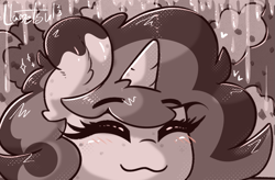 Size: 1063x697 | Tagged: safe, artist:llametsul, oc, oc only, oc:creme cookie, pony, unicorn, atg 2023, blushing, eyes closed, female, mare, monochrome, newbie artist training grounds, smiling, solo