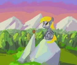 Size: 1929x1638 | Tagged: safe, artist:mandumustbasukanemen, derpy hooves, pegasus, pony, g4, atg 2023, female, food, mare, muffin, newbie artist training grounds, rock, sitting, smiling, solo