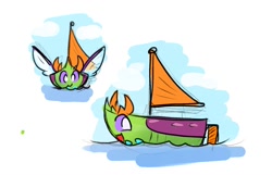 Size: 1236x794 | Tagged: safe, artist:zutcha, thorax, changedling, changeling, g4, boat, boatified, inanimate tf, king thorax, male, open mouth, open smile, sail, simple background, smiling, solo, spread wings, transformation, white background, wings