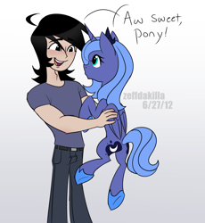 Size: 2300x2500 | Tagged: safe, artist:zeffdakilla, princess luna, alicorn, human, pony, g4, crossover, duo, female, gradient background, happy, high res, holding, holding a pony, lance (sym-bionic titan), lance lunis, looking at each other, looking at someone, male, s1 luna, smiling, standing, sym-bionic titan
