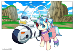 Size: 3336x2308 | Tagged: safe, artist:vinilyart, coco pommel, earth pony, pony, g4, alternate hairstyle, bulma, clothes, cocobetes, converse, cosplay, costume, cute, dragon ball, dress, female, high res, looking at you, mare, motorcycle, pigtails, shoes, smiling, smiling at you, sneakers, solo