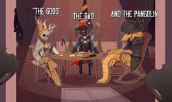 Size: 3800x2250 | Tagged: safe, artist:chapaevv, oc, oc only, oc:forester, oc:phasmatodea, changeling, deer, pangolin, alcohol, axe, card, changeling oc, commission, crossover, gun, handgun, high res, hunt showdown, looking at you, offscreen character, orange changeling, pistol, pov, sitting, standing, text, weapon