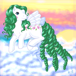 Size: 600x600 | Tagged: safe, artist:hollowzero, oc, oc only, oc:juliette, pegasus, pony, g1, bow, cloud, cloudy, curly tail, female, flying, mare, outdoors, signature, smiling, solo, spread wings, sun, tail, tail bow, wings