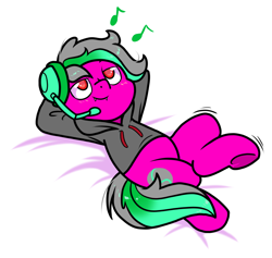 Size: 1232x1170 | Tagged: safe, artist:paperbagpony, oc, oc only, oc:sy-step, arm behind head, clothes, headphones, hoodie, lying, lying down, music notes, on back, simple background, solo, white background