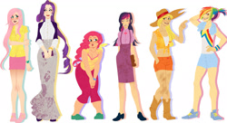 Size: 2000x1086 | Tagged: safe, artist:french-teapot, applejack, fluttershy, pinkie pie, rainbow dash, rarity, twilight sparkle, human, g4, belly button, breasts, cleavage, clothes, female, front knot midriff, human coloration, humanized, light skin, line-up, mane six, midriff, simple background, skirt, smiling, suspenders, white background