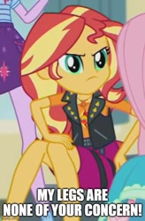 Size: 500x760 | Tagged: safe, edit, edited screencap, screencap, sunset shimmer, human, equestria girls, g4, my little pony equestria girls: better together, angry, caption, clothes, geode of empathy, hand on leg, image macro, legs, magical geodes, skirt, sunset shimmer is not amused, text, unamused
