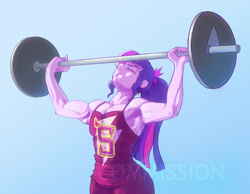 Size: 1280x992 | Tagged: safe, artist:grissaecrim, sci-twi, twilight sparkle, human, equestria girls, g4, barbell, blue background, breasts, buff breasts, commission, crystal prep shadowbolts, eyes closed, female, gritted teeth, lifting, muscles, muscular female, sci-twi muscle, simple background, solo, teeth, watermark, weight lifting, weights