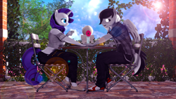 Size: 3840x2160 | Tagged: safe, artist:shadowuwu, artist:theshadow, rarity, oc, oc:sound shock, alien, alien pony, pegasus, unicorn, anthro, plantigrade anthro, g4, 3d, anthro oc, black sclera, breakfast, canon x oc, chair, clothes, commission, cottagecore, couple, cup, denim, drink, duo, female, flower, food, high res, holding hands, jeans, lens flare, looking at each other, looking at someone, male, mare, morning, muffin, outdoors, pants, plate, rarishock, romantic, shirt, shoes, sneakers, stallion, straight, t-shirt, table, tea, teacup, tree, vase, vine, ych result
