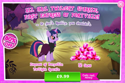Size: 1956x1295 | Tagged: safe, gameloft, idw, twilight sparkle, pony, unicorn, g4, my little pony: magic princess, advertisement, clothes, costs real money, english, female, gem, horn, idw showified, introduction card, mare, mobile game, numbers, sale, scarf, solo, text, tyrant sparkle
