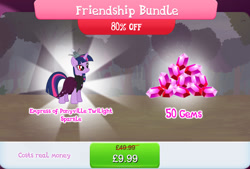 Size: 1267x859 | Tagged: safe, gameloft, idw, twilight sparkle, pony, unicorn, g4, my little pony: magic princess, bundle, clothes, costs real money, english, female, friendship bundle, gem, horn, idw showified, mare, mobile game, numbers, sale, scarf, solo, text, tyrant sparkle, unicorn twilight