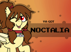 Size: 800x592 | Tagged: safe, artist:soupafterdark, oc, oc only, oc:noctalia, bat pony, pony, banned from equestria daily, bat pony oc, bat wings, collar, commissioner:dhs, fangs, female, gradient background, looking at you, one eye closed, solo, tongue out, wings, wink, winking at you, ya got