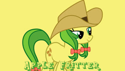 Size: 1920x1080 | Tagged: safe, artist:rainbowplasma, edit, editor:jaredking779, apple fritter, earth pony, pony, g4, apple family member, background pony, cowboy hat, female, hat, mare, simple background, solo, yellow background