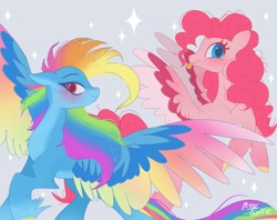 Size: 2048x1620 | Tagged: safe, artist:petaltwinkle, pinkie pie, rainbow dash, pegasus, pony, g4, duo, floppy ears, g5 concept leaks, gray background, pegasus pinkie pie, pinkie pie (g5 concept leak), race swap, rainbow dash (g5 concept leak), simple background, smiling, sparkles, tongue out, turned head